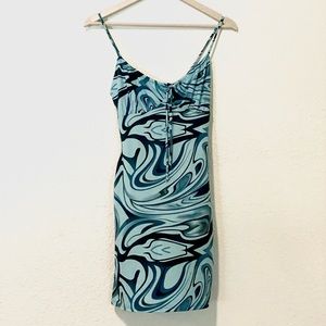 Y2K Blue Marbled Print Bodycon Dress with Keyhole Tie Front